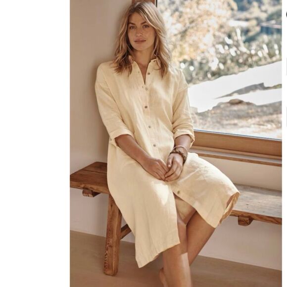 Pure Jill Linen Patch-pocket Shirtdress Size S Petite Yellow Button-Up Layering - Picture 2 of 12